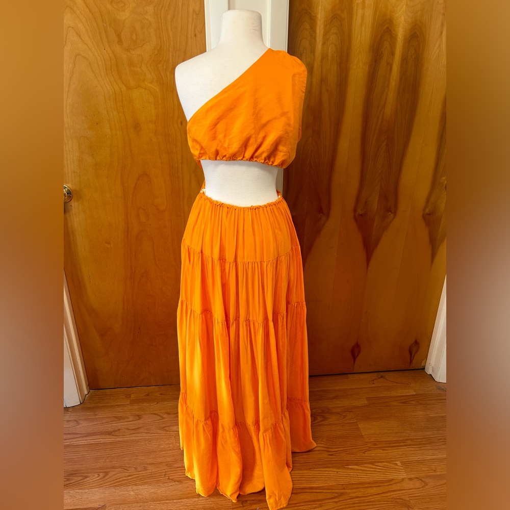 Farm Rio orange asymmetrical maxi dress one shoulder and cut outs size small - Picture 3 of 8